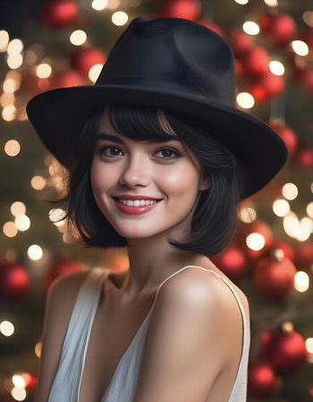 Portrait of a beautiful young woman in a hat on Christmas backgroundの素材