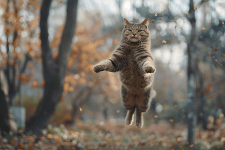 Cute tabby cat jumping in the autumn forest at sunset.の素材