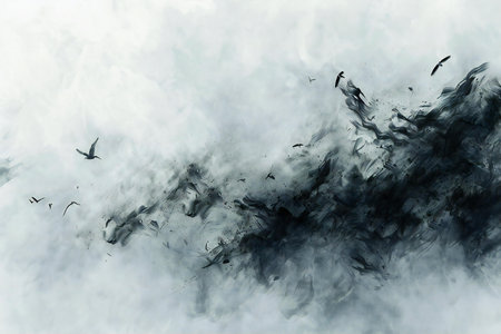 Black smoke and flying birds on a white background. Abstract background.の素材
