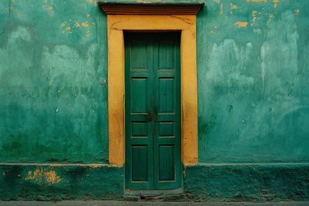 Green door and yellow wall of a colonial house in Trinidad, Cubaの素材