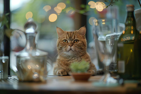 Beautiful ginger cat sitting on a table in a restaurant. Selective focus.の素材