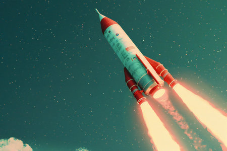 Space rocket taking off into the night sky. 3d illustration.の素材