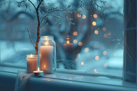 Burning candles on the windowsill in the winter. Christmas backgroundの素材