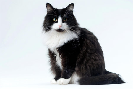 fluffy black and white cat sitting on a white background in studioの素材