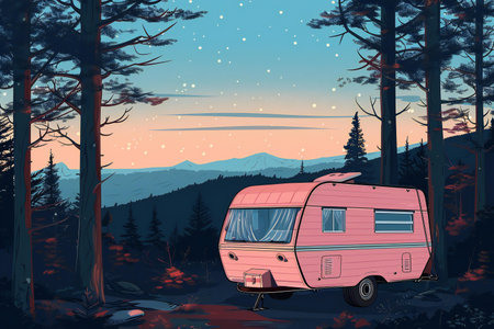 Vector illustration of a camping trailer in the mountains. Camping in the woods.の素材