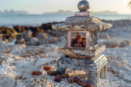 Candlestick on the beach at sunset. Conceptual image.の素材
