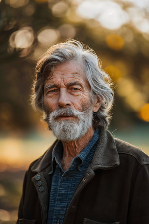 Portrait of a senior man with grey hair in the park.の素材
