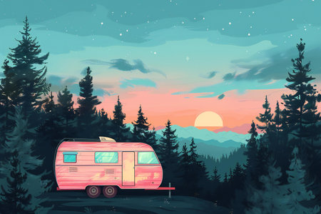 Camping trailer in the mountains at sunset. Vector Illustration.の素材
