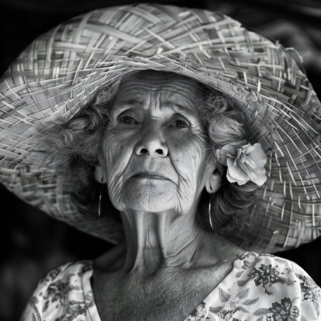Portrait of an elderly woman in a straw hat. Black and white.の素材
