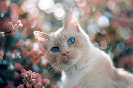Portrait of a cat with blue eyes on a background of flowersの素材