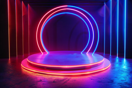 Neon round podium in the dark room. 3D rendering.の素材