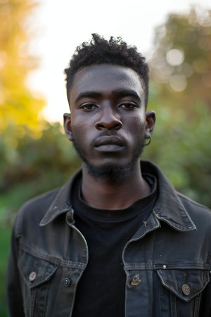 Portrait of a young african american man in the parkの素材