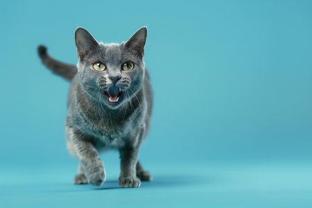 Studio shot of a blue british shorthair cat on blue background.の素材