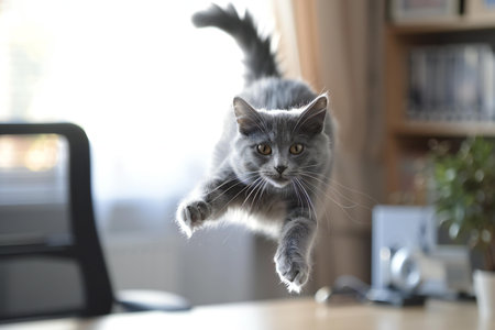 Persian cat jumping on a desk in the office at home.の素材