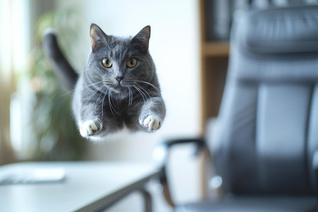 Cute gray cat jumping in office, closeup. Space for textの素材