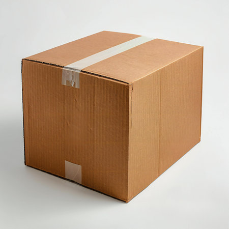 Brown cardboard box on a white background. Side view. Close up.の素材