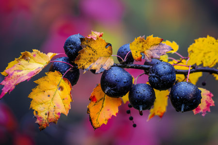 Ripe black chokeberry on a branch with colorful autumn leaves.の素材