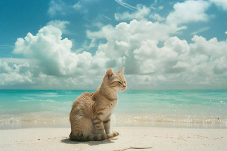 Cat sitting on the beach with blue sky and white clouds background.の素材