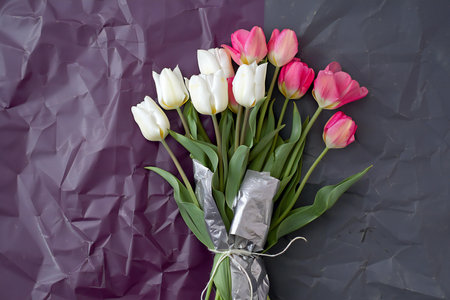 Bouquet of pink and white tulips on a black backgroundの素材