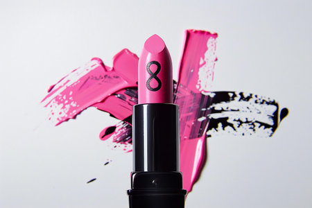 Lipstick on a white background with pink paint splashes.の素材