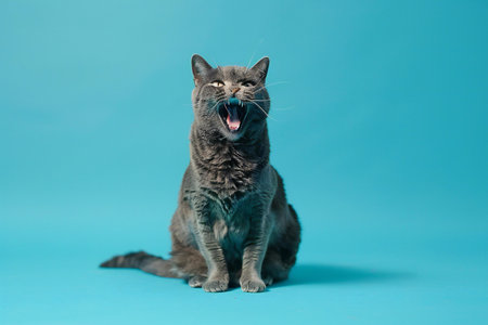 beautiful gray cat on a blue background, studio photo, place for textの素材