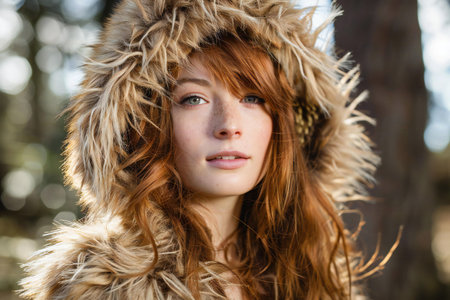 Portrait of a beautiful redhead girl in a fur coat.の素材
