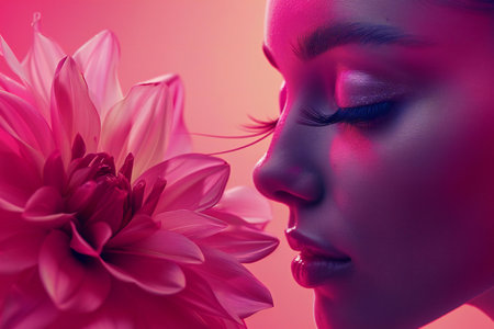 Beautiful young woman with pink dahlia flower. Studio shot.の素材