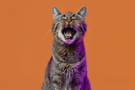 Funny cat with purple fur on orange background. Studio shot.の素材