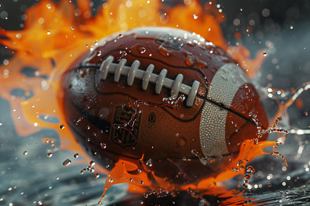 Close-up of a football on fire with splashes of waterの素材