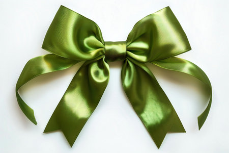 Green bow isolated on white background. Green satin ribbon bow.の素材