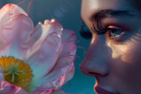 Beautiful young woman with bright make-up and pink flowers.の素材