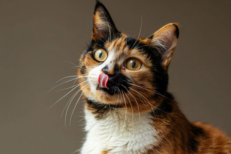 Portrait of a calico cat with tongue sticking out on gray backgroundの素材