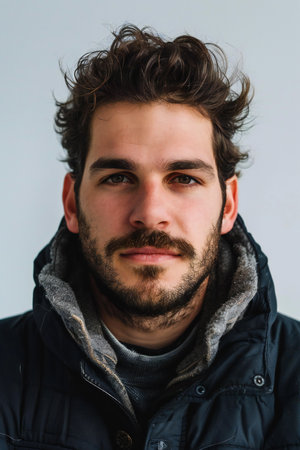 Portrait of a handsome young man with beard and mustache in winter clothesの素材