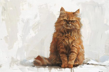 Red persian cat sitting on the floor near the white wall.の素材