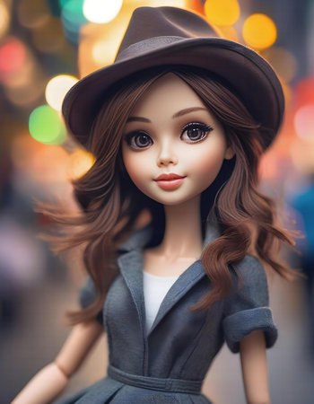 fashion mannequin doll wearing hat and coat on city street backgroundの素材