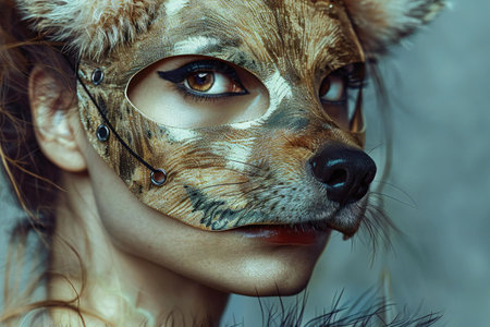 Fashion portrait of a beautiful young woman with a fox skin maskの素材