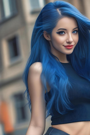 Portrait of a beautiful young woman with blue hair. Beauty, fashion.の素材