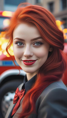 Portrait of a beautiful young woman with red hair and blue eyesの素材