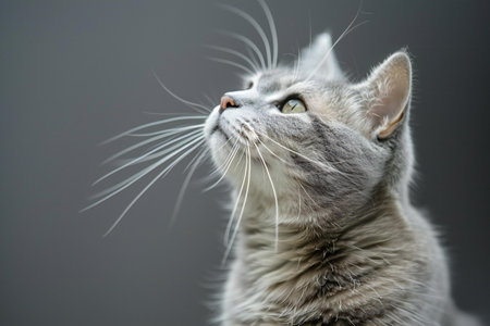 Portrait of a gray british cat on a gray backgroundの素材