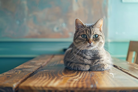 beautiful tabby cat lying on a wooden table and looking at the cameraの素材