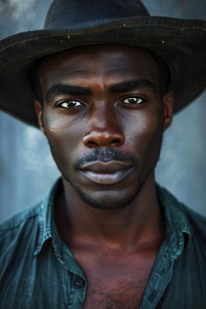 Portrait of a handsome african american man wearing cowboy hatの素材