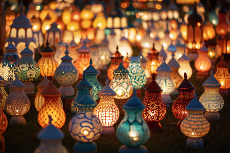Colorful lanterns for Ramadan Kareem festival at night. Traditional Arabic lamps.の素材
