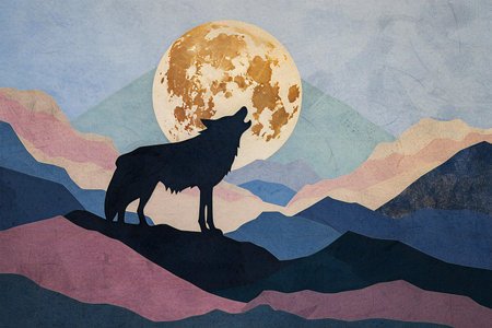 Silhouette of wolf on the background of mountains and full moonの素材
