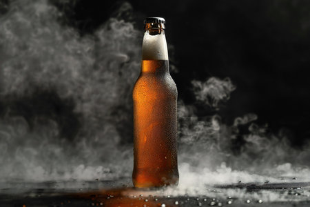 Bottle of beer with smoke and steam on black background, closeupの素材