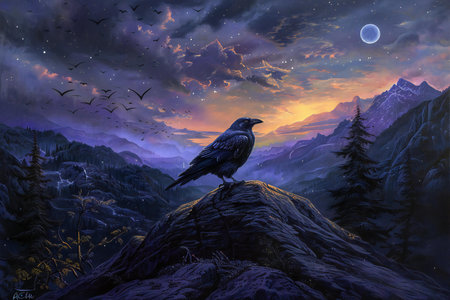 Crow on a rock in the mountains at night. Illustrationの素材