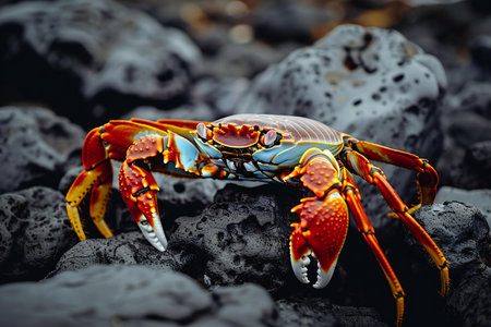 red rock crab on black volcanic beach in Galapagos Islands, Ecuadorの素材