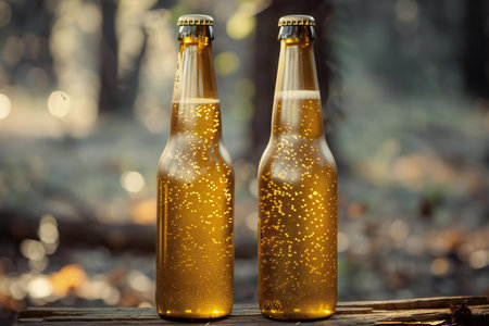 Two beer bottles in the forest. Close-up. Selective focusの素材