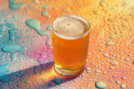 Glass of beer on a colorful background with water drops. Close-upの素材