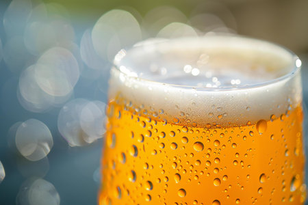 Close up of beer with bubbles in glass on bokeh backgroundの素材