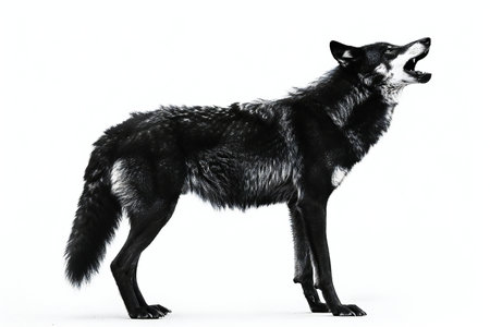3D rendering of a black wolf standing isolated on white background.の素材
